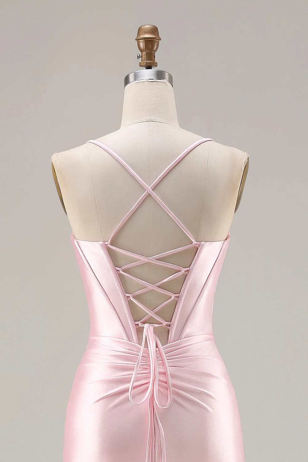 Pink Mermaid Corset Lace Up Back Long Prom Dress with Slit sold by Zapaka product image thumbnail 5