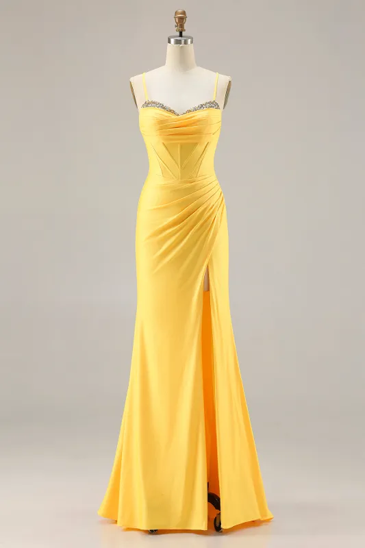 Glitter Yellow Mermaid Beaded Corset Lace Up Back Long Prom Dress with Slit sold by Zapaka