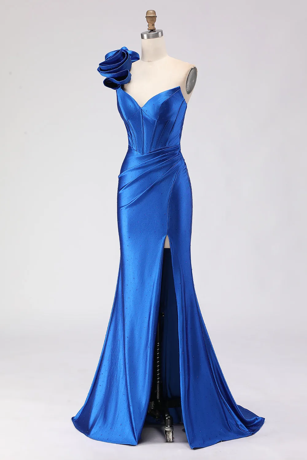 Royal Blue One Shoulder Beaded Mermaid Corset Long Prom Dress with Slit sold by Zapaka product image thumbnail 3