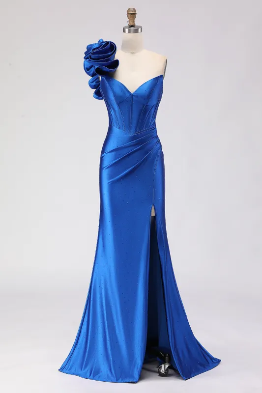 Royal Blue One Shoulder Beaded Mermaid Corset Long Prom Dress with Slit sold by Zapaka