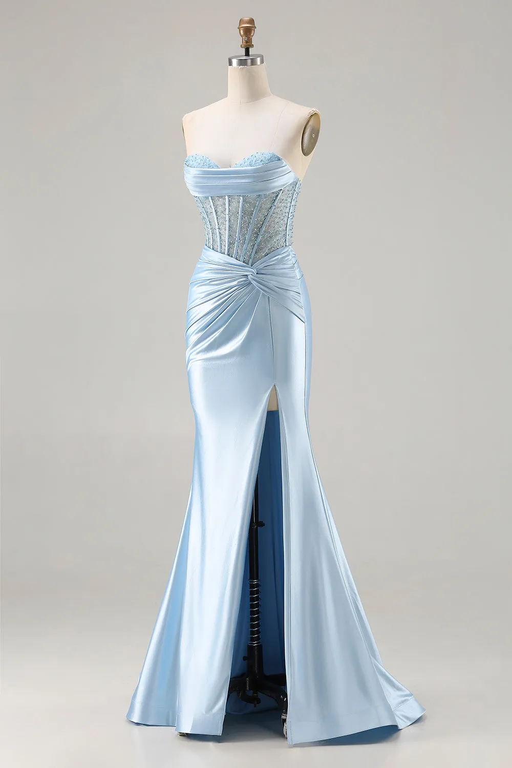Strapless Mermaid Sky Blue Corset Beaded Long Prom Dress with Slit sold by Zapaka product image thumbnail 3