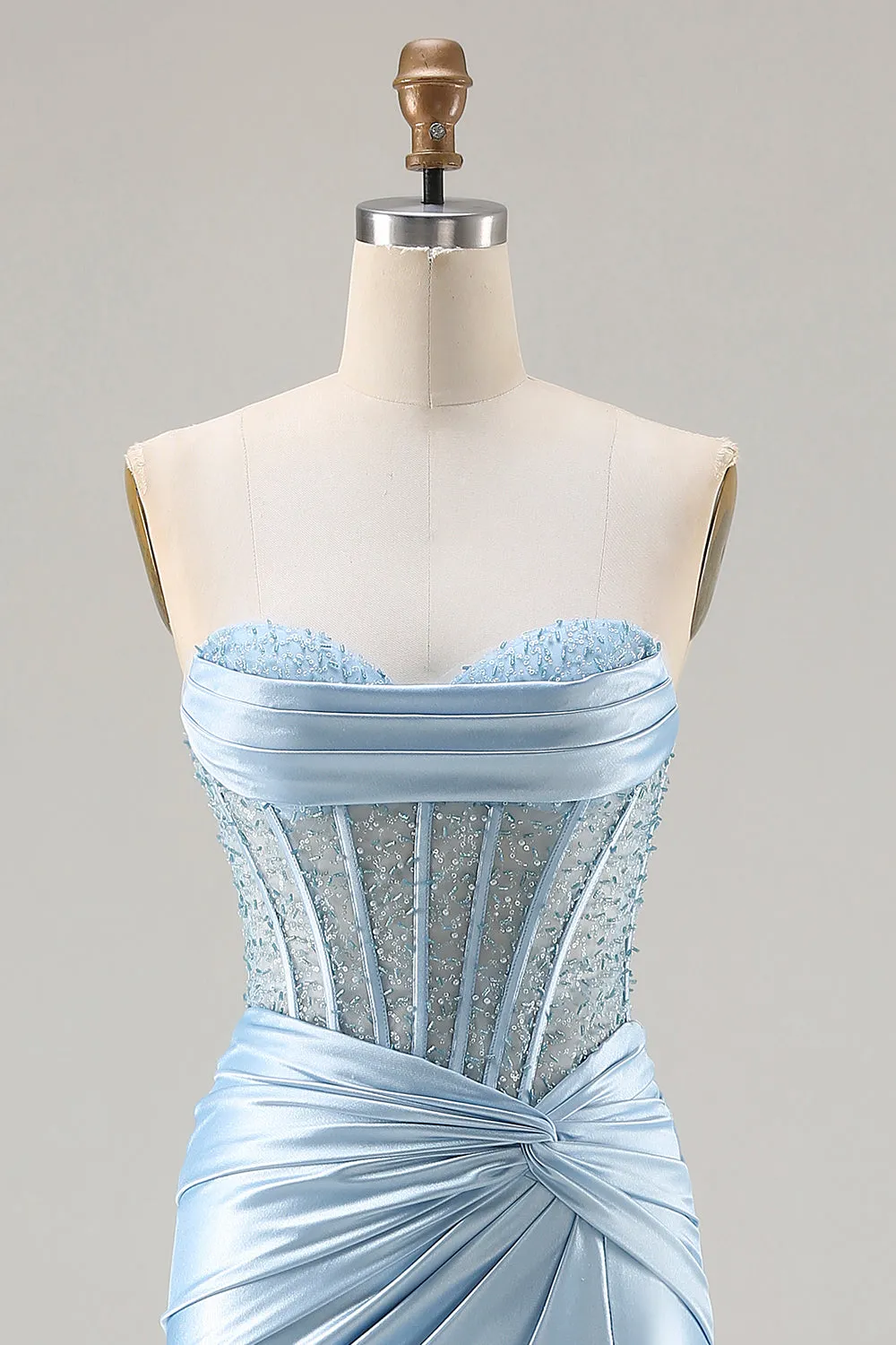 Strapless Mermaid Sky Blue Corset Beaded Long Prom Dress with Slit sold by Zapaka product image thumbnail 4