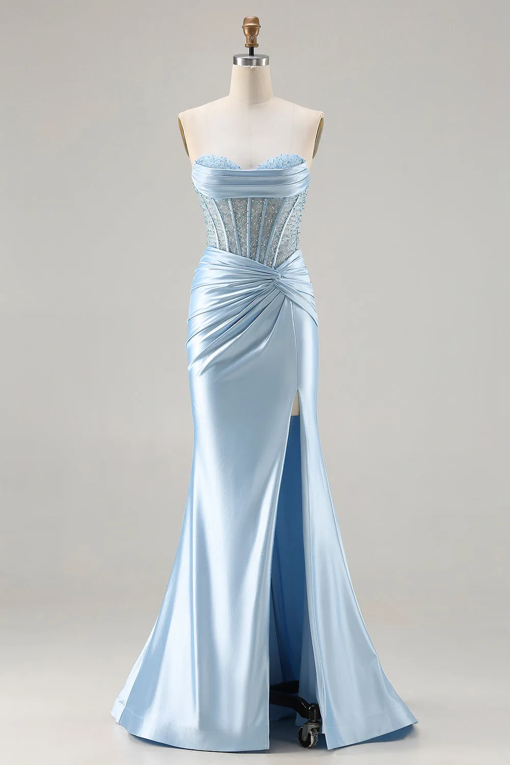 Strapless Mermaid Sky Blue Corset Beaded Long Prom Dress with Slit sold by Zapaka