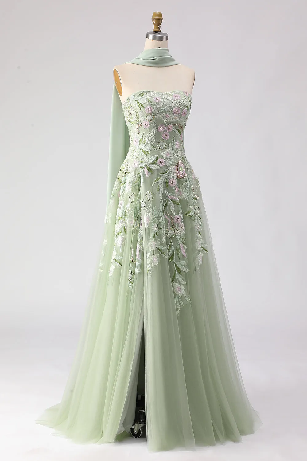 Strapless Dusty Sage A-Line Sequins Embroidered Long Prom Dress with Slit sold by Zapaka product image thumbnail 3