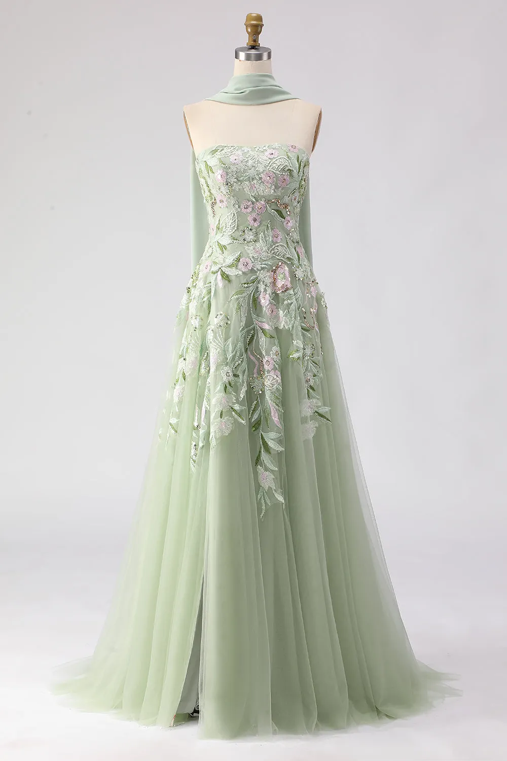 Strapless Dusty Sage A-Line Sequins Embroidered Long Prom Dress with Slit sold by Zapaka