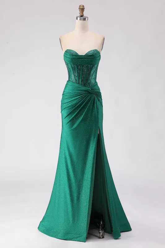 Glitter Dark Green Sweetheart Mermaid Beaded Corset Long Prom Dress with Slit sold by Zapaka