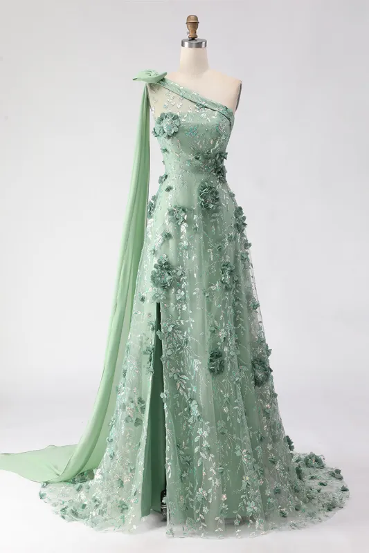 Eucalyptus One Shoulder A-Line Sequins 3D Flowers Long Prom Dress with Slit made by Zapaka
