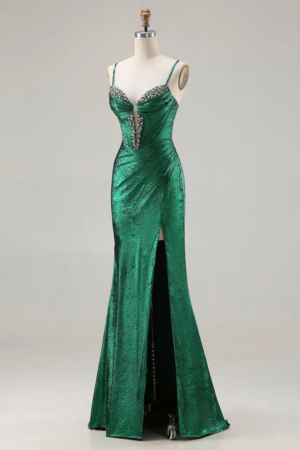 Metallic Dark Green Beaded Corset Mermaid Long Prom Dress with Slit sold by Zapaka product image thumbnail 3