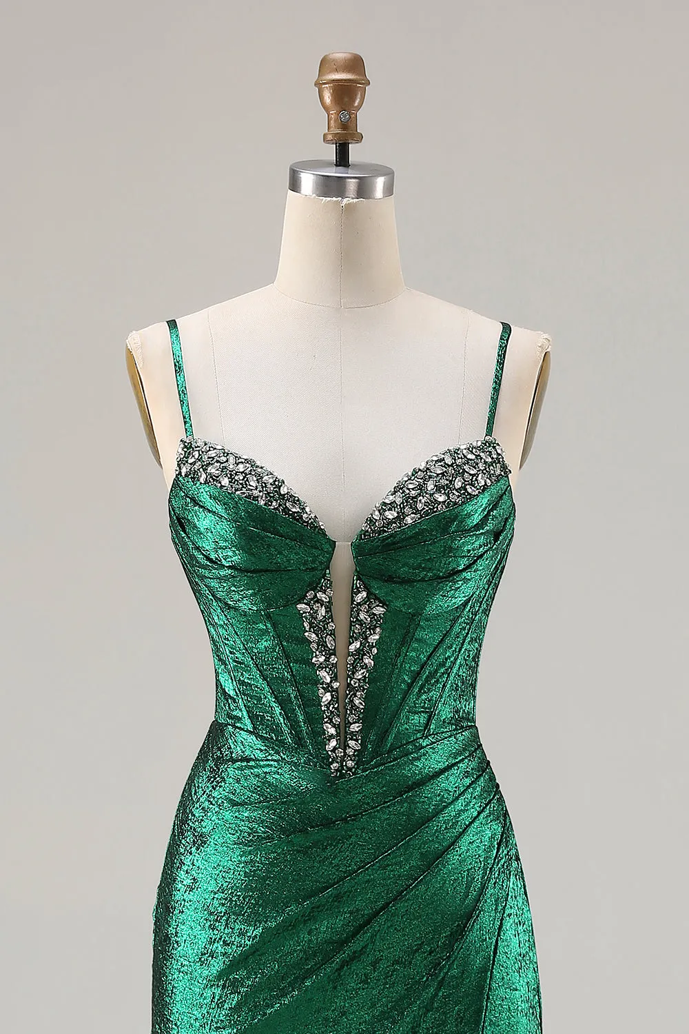 Metallic Dark Green Beaded Corset Mermaid Long Prom Dress with Slit sold by Zapaka product image thumbnail 4