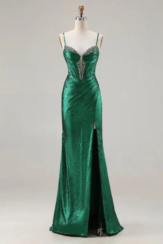 Metallic Dark Green Beaded Corset Mermaid Long Prom Dress with Slit sold by Zapaka