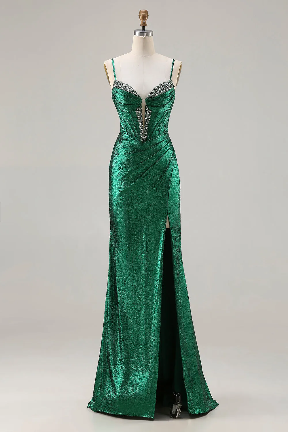 Metallic Dark Green Beaded Corset Mermaid Long Prom Dress with Slit sold by Zapaka