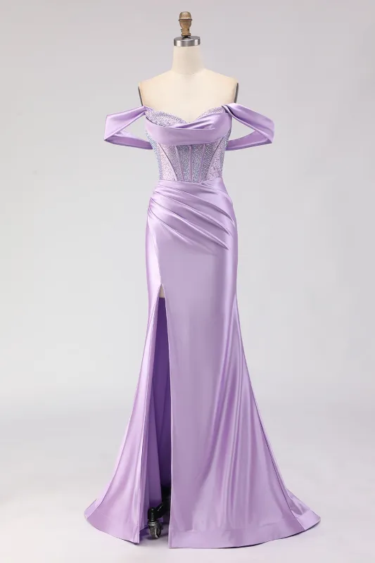 Off The Shoulder Mermaid Purple Corset Beaded Long Prom Dress with Slit sold by Zapaka