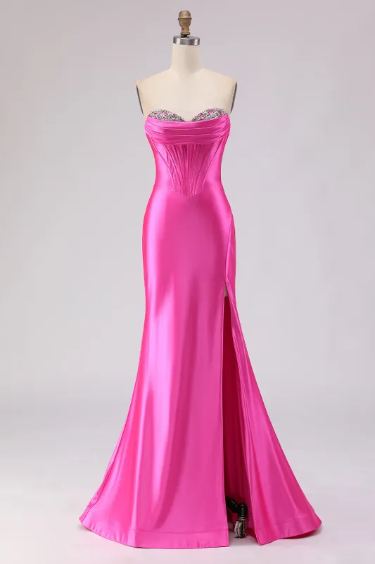 Sweetheart Fuchsia Mermaid Corset Beaded Long Prom Dress with Slit sold by Zapaka