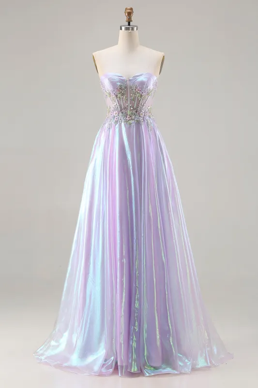 Sparkly Strapless Purple A-Line Corset Lace Up Back Long Prom Dress with Appliques sold by Zapaka