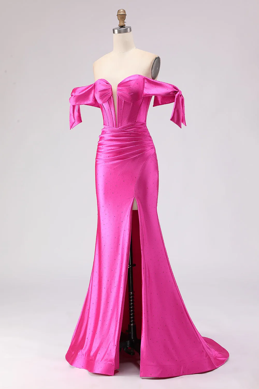 Fuchsia Mermaid Off The Shoulder Corset Beaded Long Prom Dress with Slit sold by Zapaka product image thumbnail 3