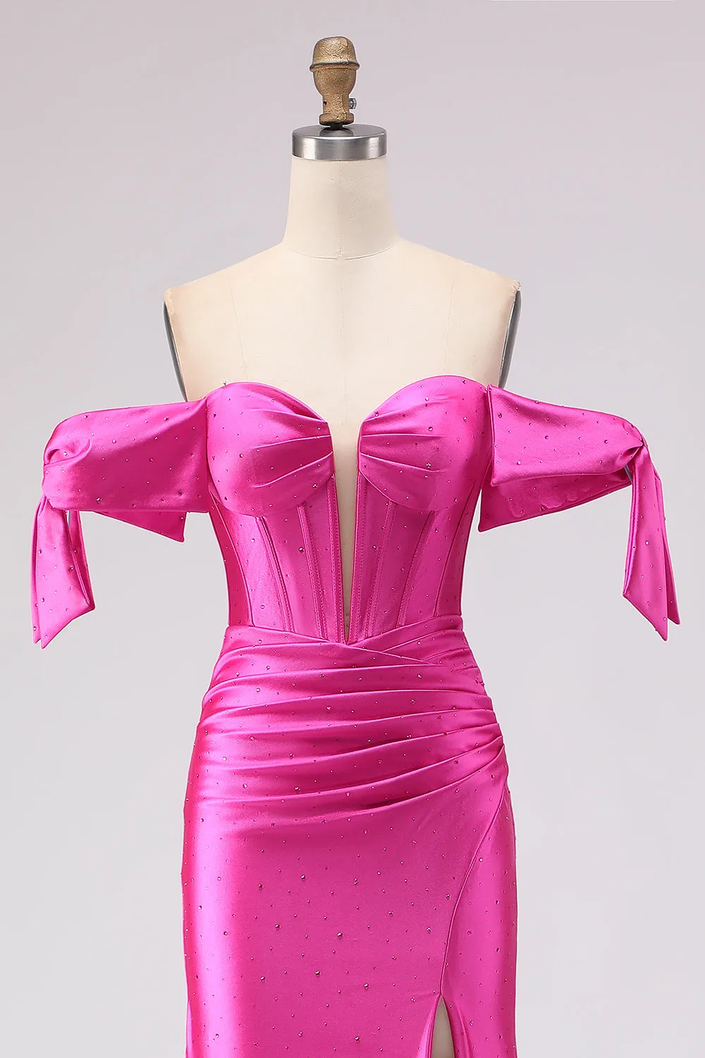 Fuchsia Mermaid Off The Shoulder Corset Beaded Long Prom Dress with Slit sold by Zapaka product image thumbnail 4