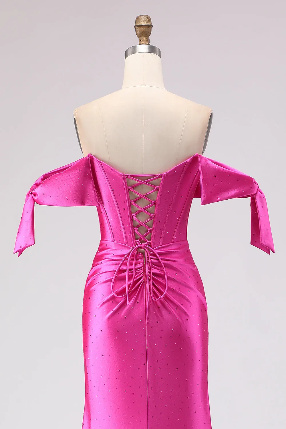 Fuchsia Mermaid Off The Shoulder Corset Beaded Long Prom Dress with Slit sold by Zapaka product image thumbnail 5