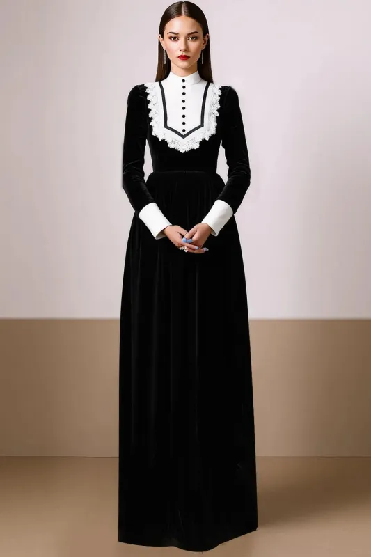 Black and White Velvet A-Line High Neck Long Formal Dress sold by Zapaka