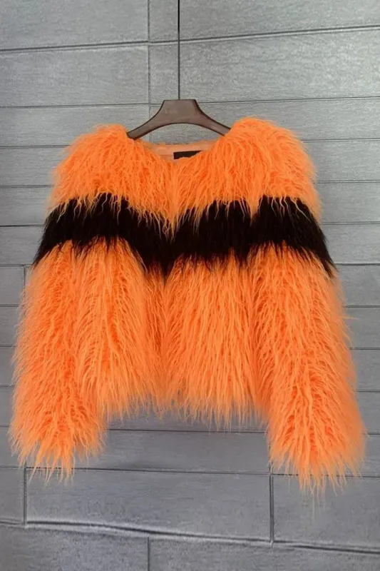 Shearling Faux Fur Coat Orange Thickened Women Coat sold by Zapaka