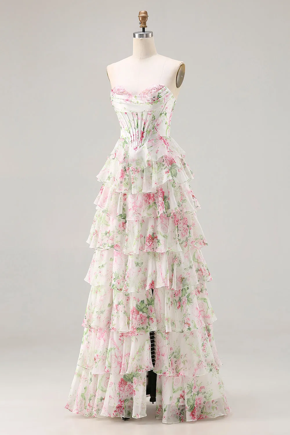 Pink Floral Sweetheart Corset Tiered A-Line Long Prom Dress with Slit sold by Zapaka product image thumbnail 3