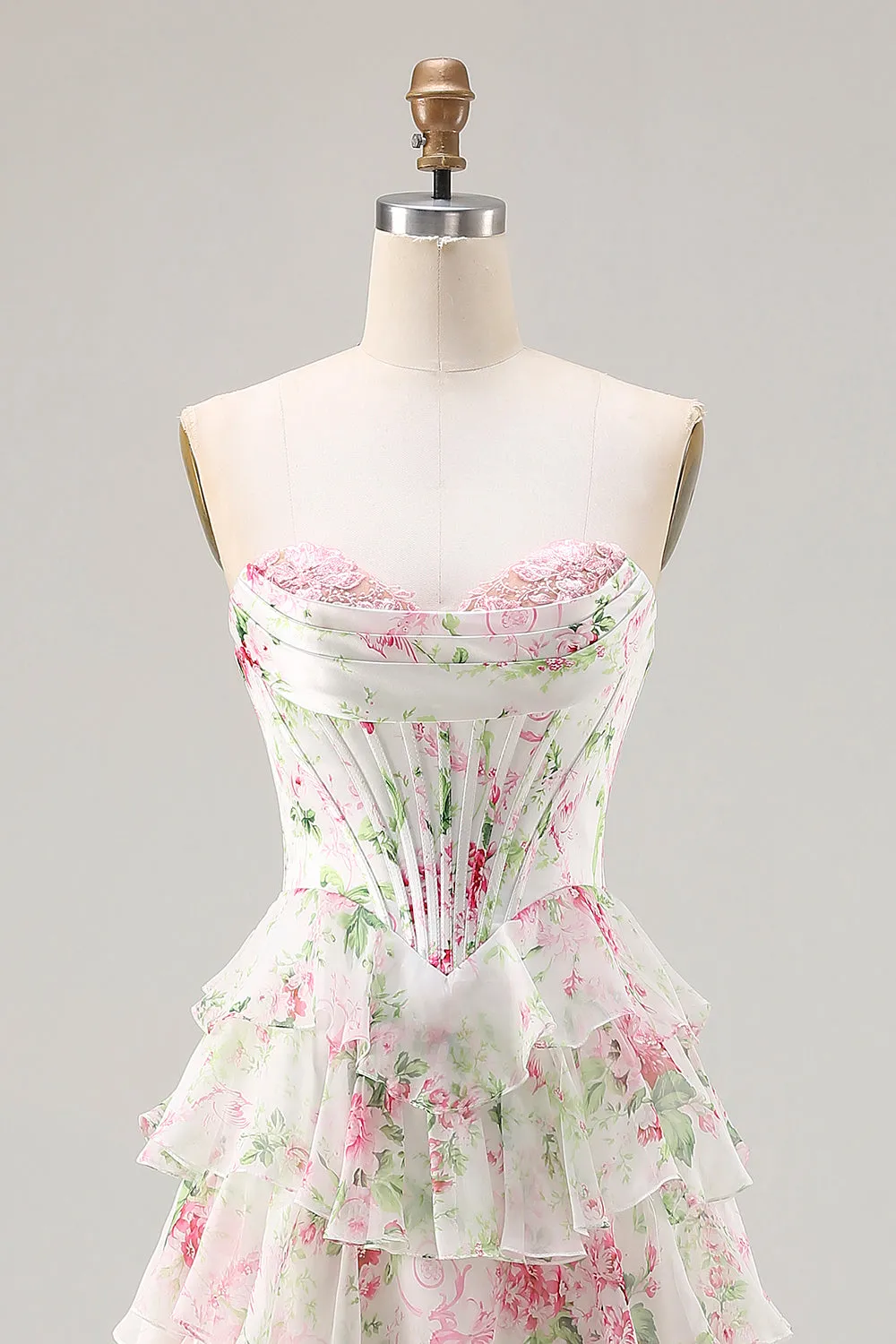 Pink Floral Sweetheart Corset Tiered A-Line Long Prom Dress with Slit sold by Zapaka product image thumbnail 4