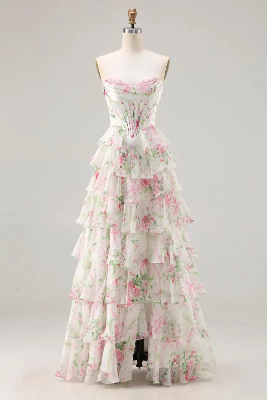 Pink Floral Sweetheart Corset Tiered A-Line Long Prom Dress with Slit sold by Zapaka