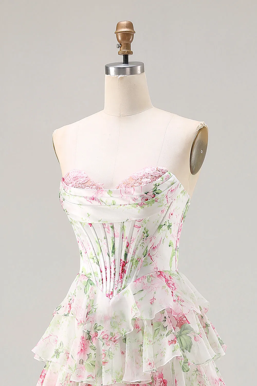 Pink Floral Sweetheart Corset Tiered A-Line Long Prom Dress with Slit sold by Zapaka product image thumbnail 5