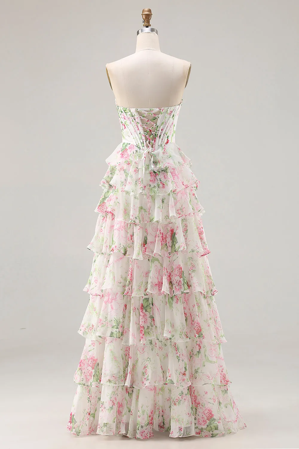 Pink Floral Sweetheart Corset Tiered A-Line Long Prom Dress with Slit sold by Zapaka product image thumbnail 2