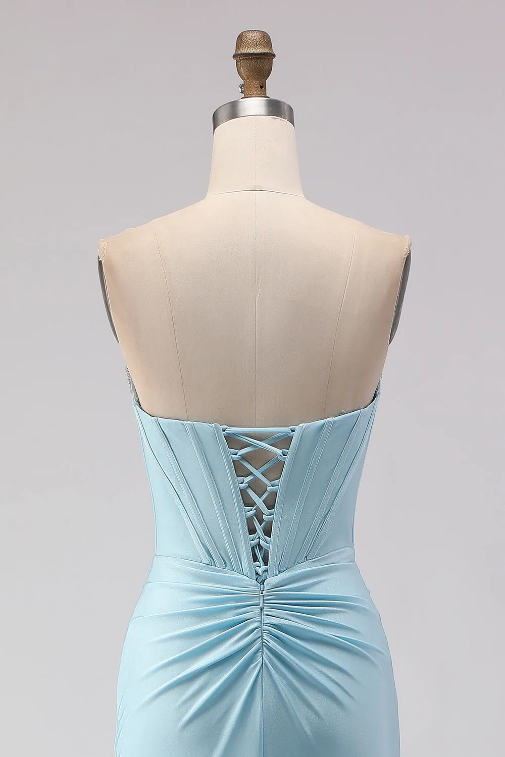 Sky Blue Strapless Beaded Mermaid Corset Long Prom Dress with Slit sold by Zapaka product image thumbnail 5