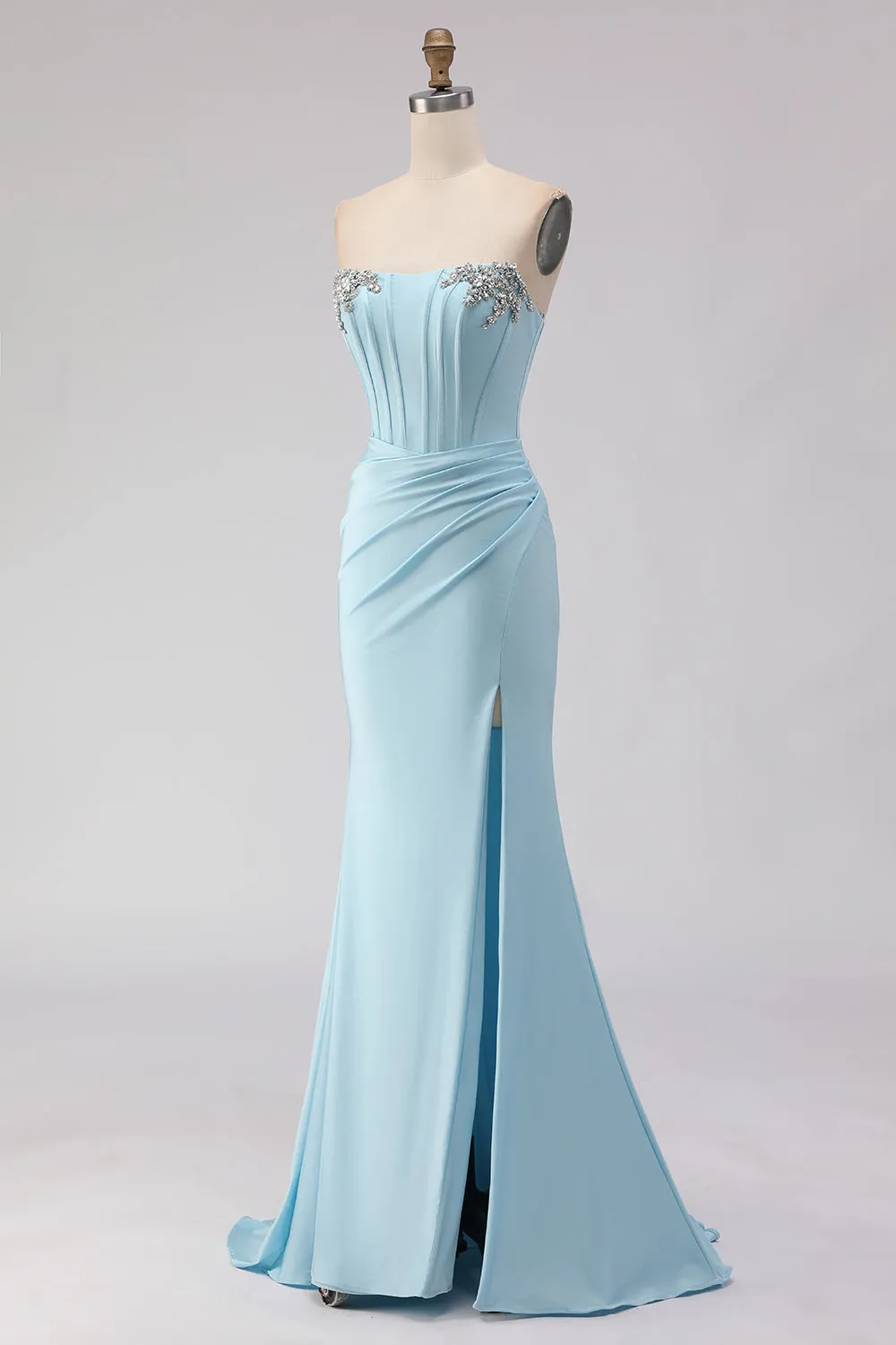 Sky Blue Strapless Beaded Mermaid Corset Long Prom Dress with Slit sold by Zapaka product image thumbnail 3