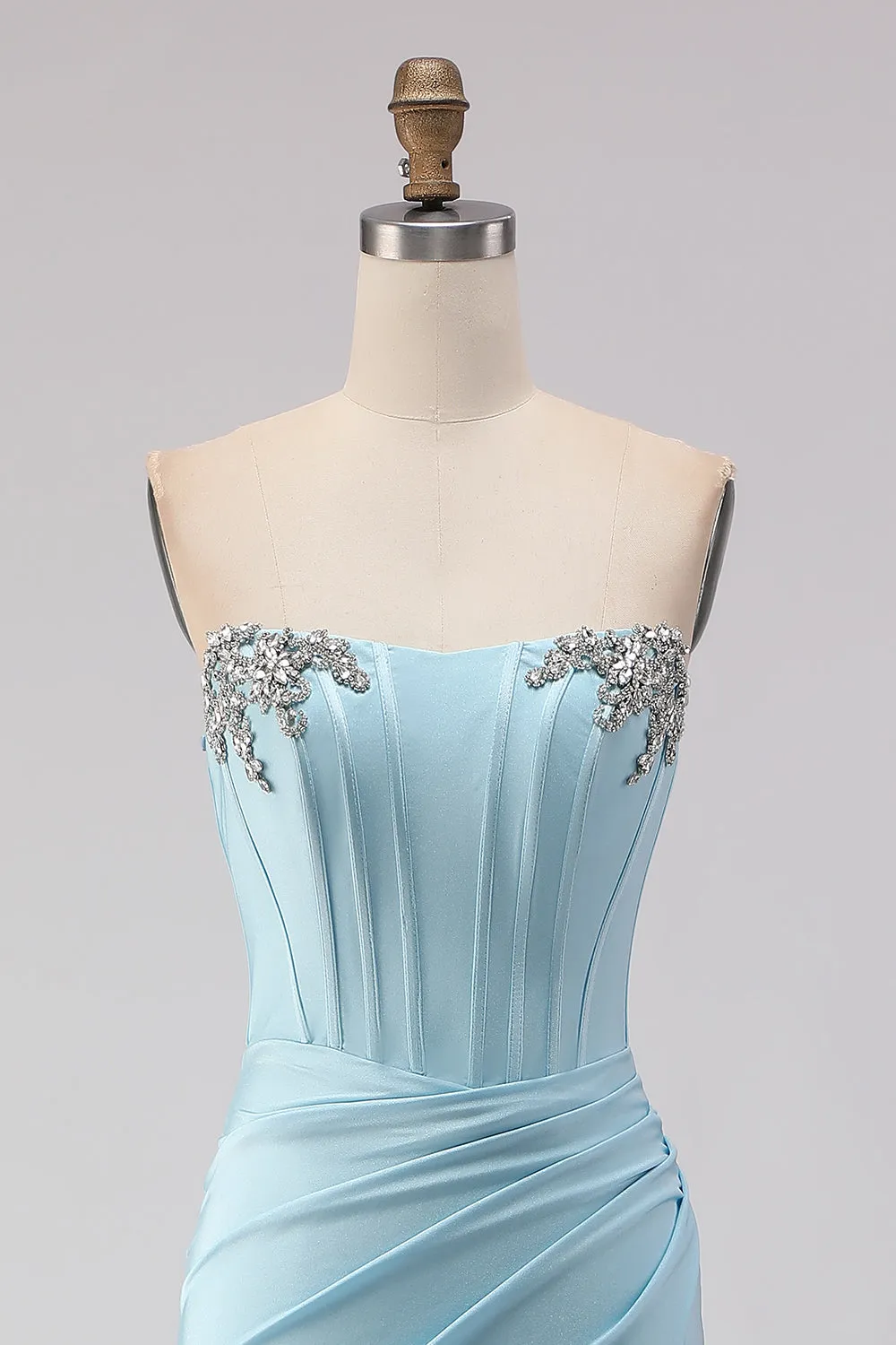 Sky Blue Strapless Beaded Mermaid Corset Long Prom Dress with Slit sold by Zapaka product image thumbnail 4