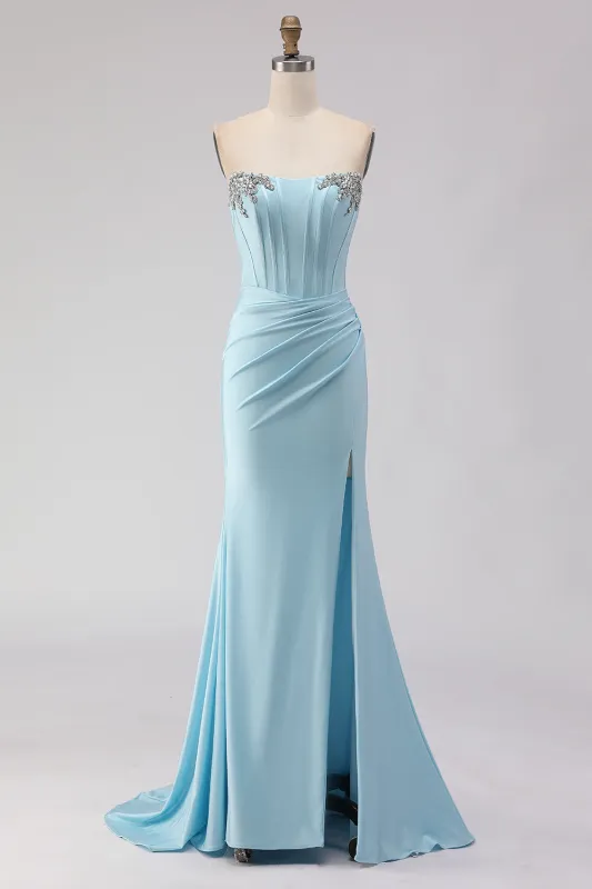 Sky Blue Strapless Beaded Mermaid Corset Long Prom Dress with Slit sold by Zapaka
