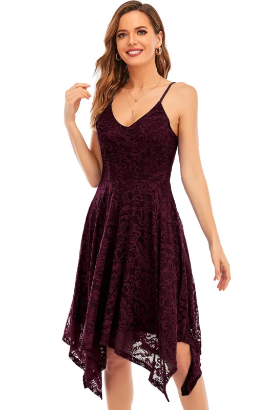 Burgundy Spaghetti Straps High Low Lace Party Dress sold by Zapaka