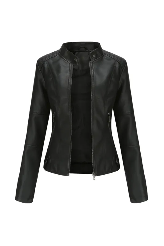 Black Zipper Front Fitted PU Women Jacket sold by Zapaka