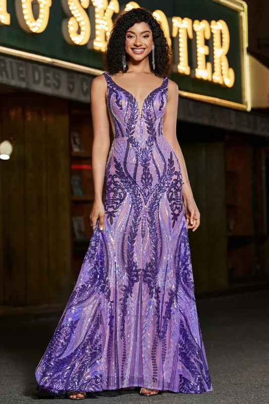 Sparkly Mermaid V Neck Dark Purple Sequins Long Prom Dress with Open Back sold by Zapaka