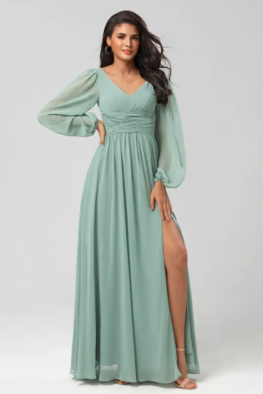 A Line Green Long Sleeves Bridesmaid Dress with Slit sold by Zapaka