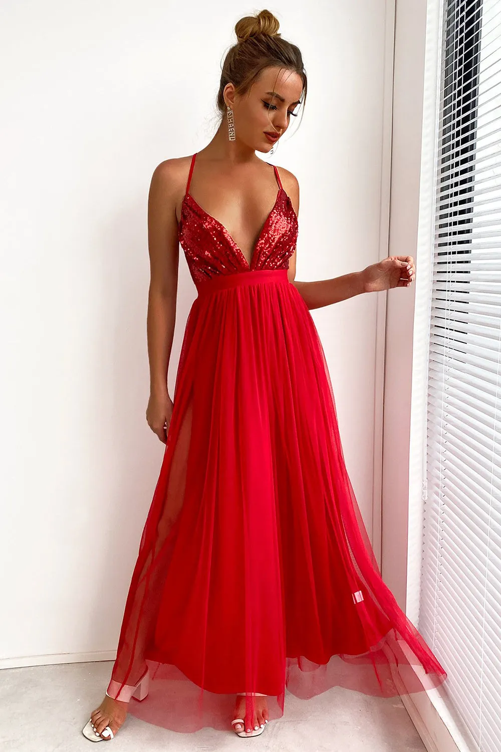Fuchsia Deep V Neck A Line Sparkly Long Prom Dress With Slit sold by Zapaka product image thumbnail 4