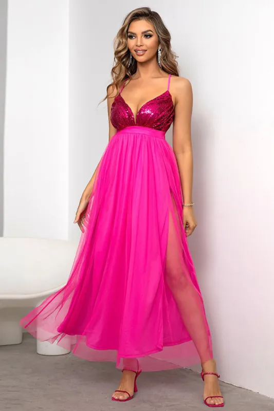 Fuchsia Deep V Neck A Line Sparkly Long Prom Dress With Slit sold by Zapaka