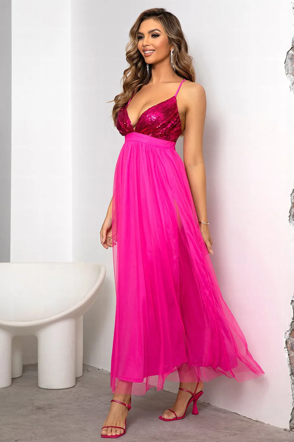 Fuchsia Deep V Neck A Line Sparkly Long Prom Dress With Slit sold by Zapaka product image thumbnail 3