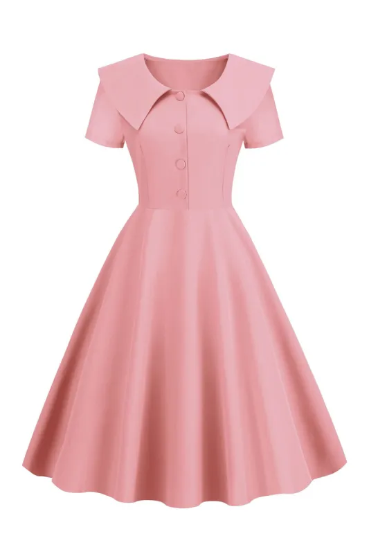 Blush Short Sleeves Peter Pan Vintage Dress With Buttons made by Zapaka