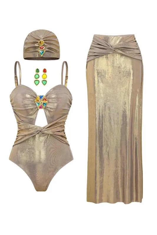 Metallic Golden 4 Piece Cut Out Swimwear Set with Cover Up sold by Zapaka