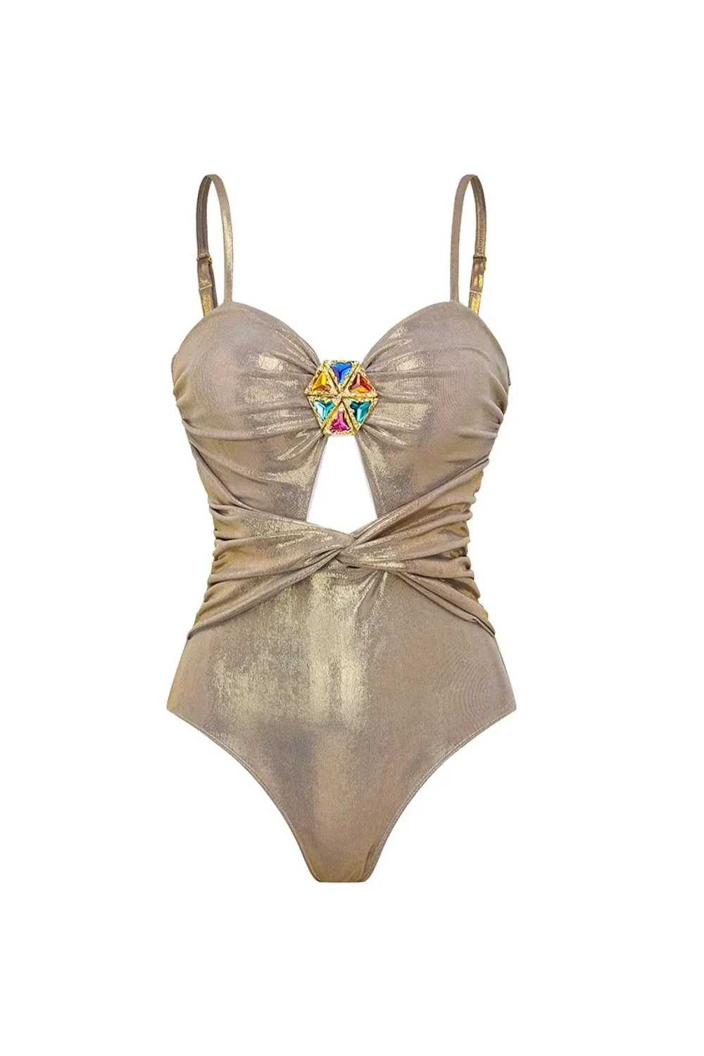 Metallic Golden 4 Piece Cut Out Swimwear Set with Cover Up sold by Zapaka product image thumbnail 2