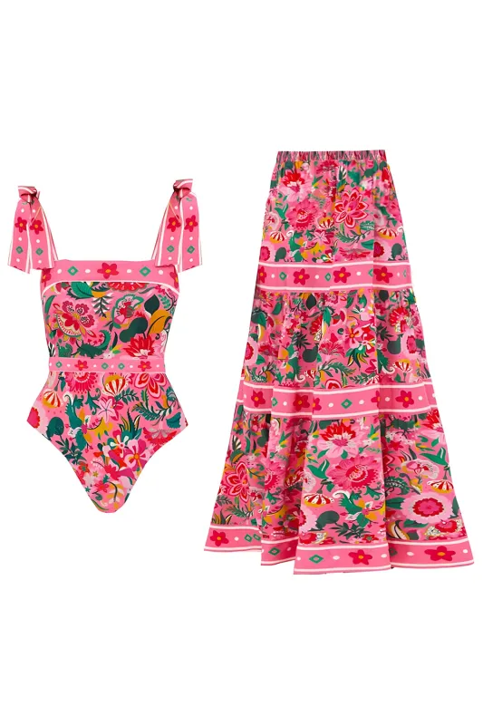 2 Piece Fuchsia Floral Tummy Control Swimsuit with Beach Dress sold by Zapaka