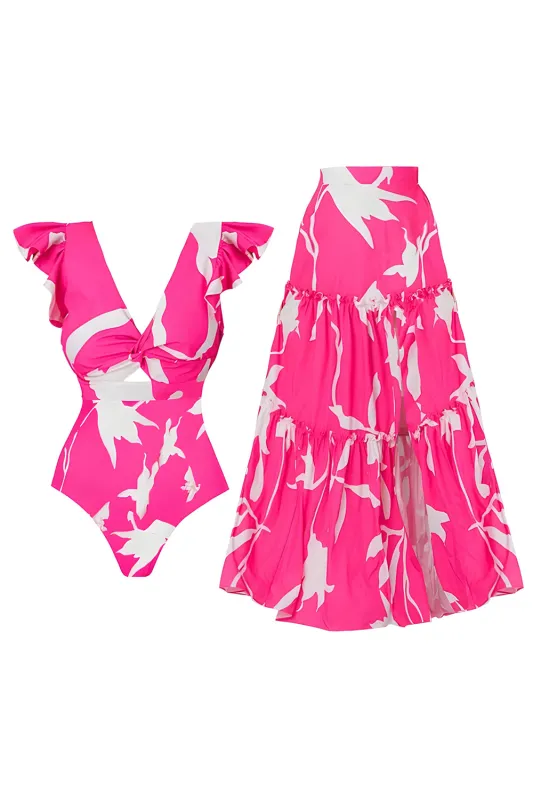 Fuchsia 2 Piece Print V-Neck Swimsuit with Cover Up sold by Zapaka
