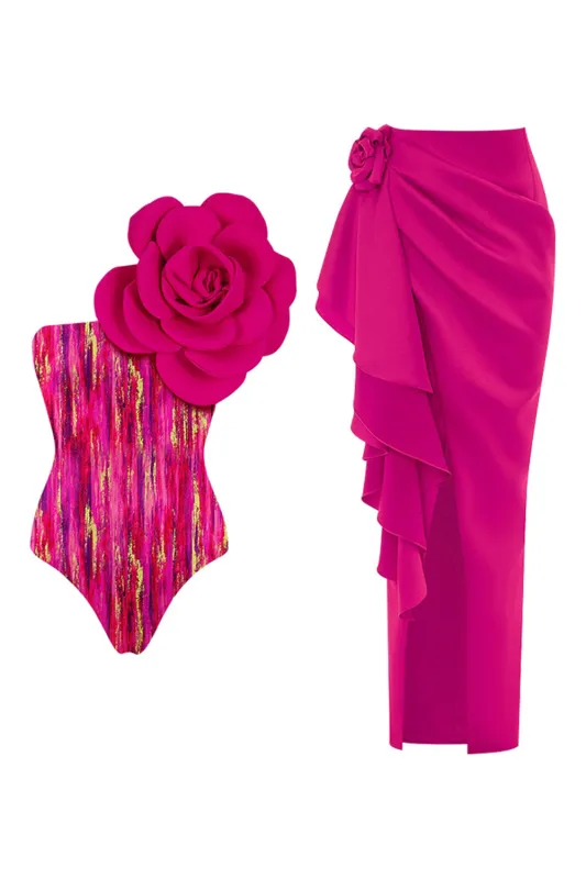 One Shoulder Fuchsia 3D Flower 2 Piece Swimsuit with Beach Dress sold by Zapaka