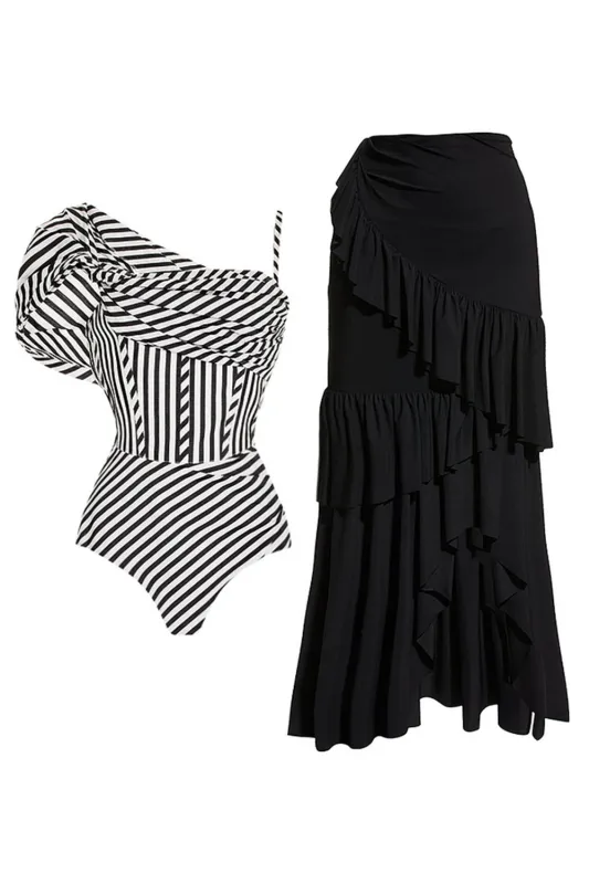Black Striped 2 Piece Ruffled Swimsuit with Beach Dress sold by Zapaka