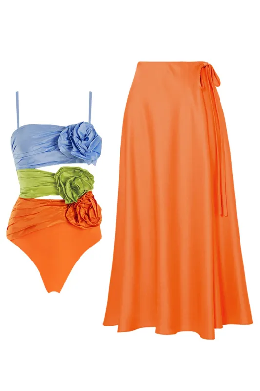 2 Piece Spaghetti Straps Orange 3D Flowers Swimsuit with Cover Up sold by Zapaka