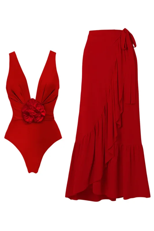 Red 2 Piece Ruffled V-Neck Swimsuit with Beach Dress sold by Zapaka