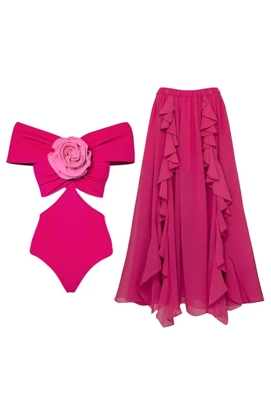 Off The Shoulder Fuchsia 2 Piece 3D Flower Swimsuit with Beach Dress sold by Zapaka