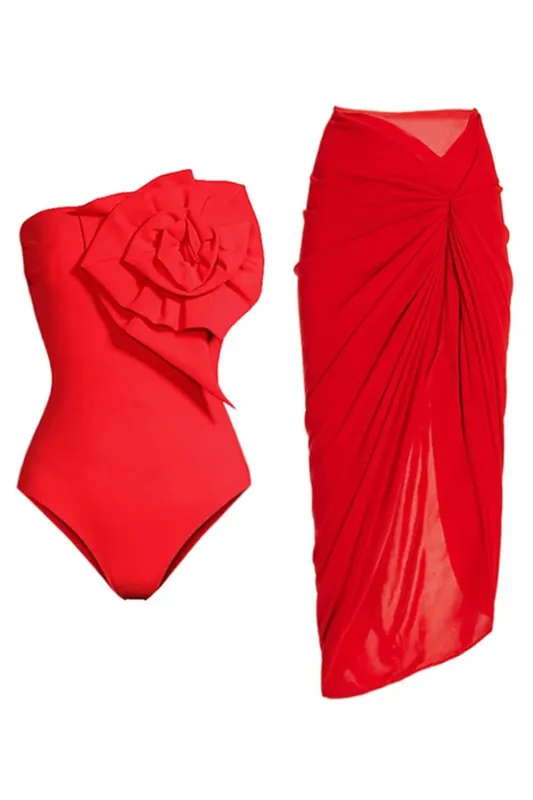 Red Strapless 2 Piece Ruched Swimsuit with Cover Up sold by Zapaka